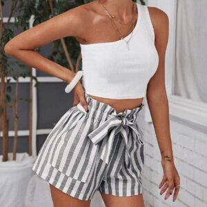 Shein One Shoulder Rib-Knit Top & Paperbag Waist Striped Shorts Set